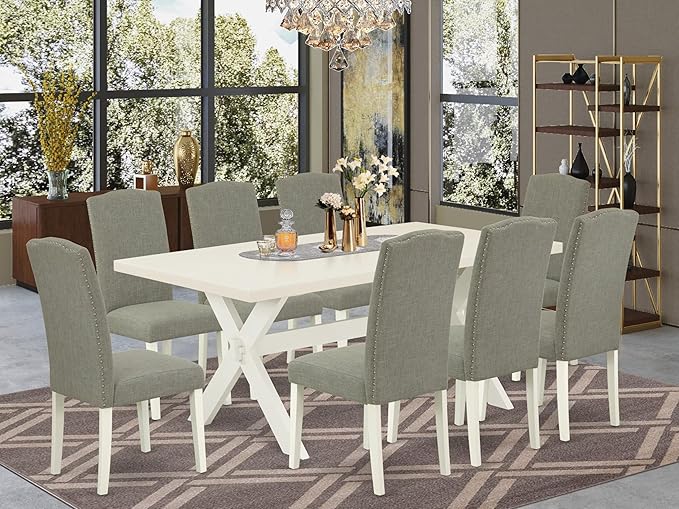 East West Furniture X027EN206-9 9 Piece Dining Table Set Includes a Rectangle Dining Room Table with X-Legs and 8 Dark Shitake Linen Fabric Upholstered Chairs, 40x72 Inch, Multi-Color