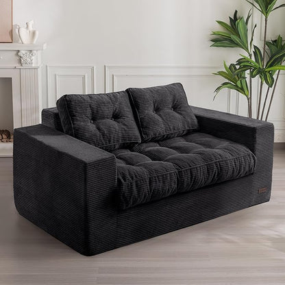 MAXYOYO Bean Bag Chair for Adults, Upholstered Floor Sofa with Armrests, Loveseat Boneless Couch with Tufted Cushion & Backrest, Sofa in A Box, Large Bean Bag Couch for Bedroom Living Room, Black