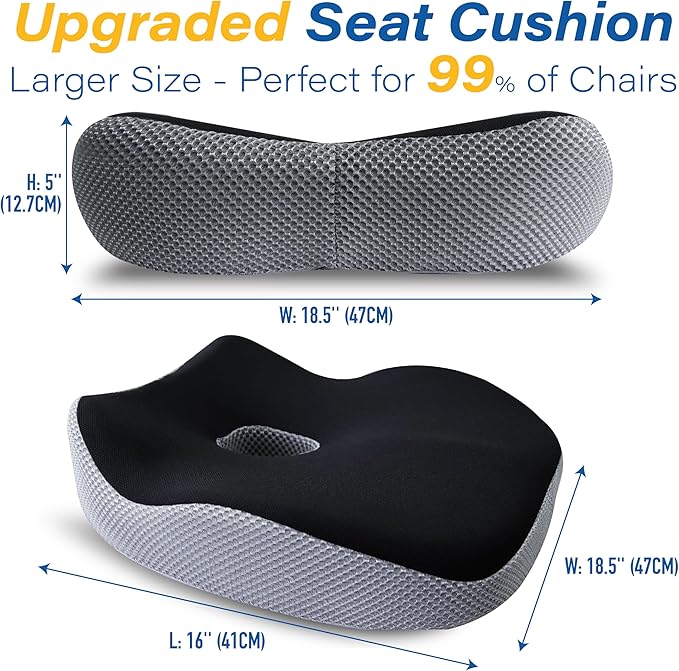 Car Seat Cushion, Ergonomic Memory Foam Car Cushion for Sciatica Pain Relief, Larger Driving Seat Pillow for Short Drivers on Long Drives - Butt Pillow for Truck, Office, Wheelchair - Black&Gray