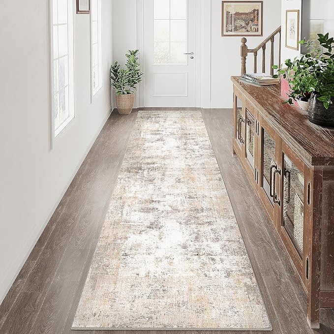 3x8 Washable Runner Rug Beige Grey Neutral Abstract Hallway Kitchen Living Room Bedroom Non Slip Throw Rug Soft Low Pile Indoor Carpet for Entrance Laundry Bathroom