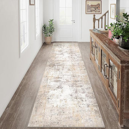 3x8 Washable Runner Rug Beige Grey Neutral Abstract Hallway Kitchen Living Room Bedroom Non Slip Throw Rug Soft Low Pile Indoor Carpet for Entrance Laundry Bathroom
