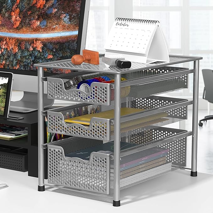 Simple Houseware Stackable 3 Tier Sliding Basket Organizer Drawer, Silver