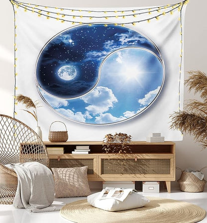 Ambesonne Space Tapestry, Yin Yang World Moon and Sun Harmony of the Universe Art Print, Fabric Wall Hanging Decor for Bedroom Living Room Dorm, 28" X 23", Navy Blue Sky Blue White