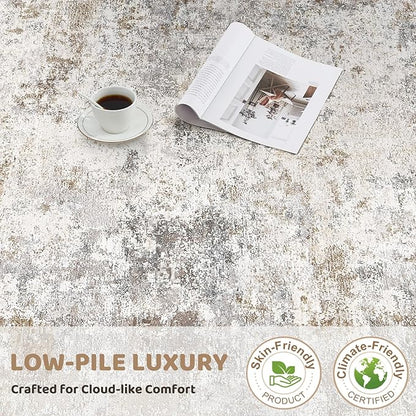 3X16 Washable Runner Rug for Hallway: Soft Neutral Modern Abstract Area Rug - Non-Slip Low Pile Long Throw Indoor Carpet for Kitchen Entryway Kitchen Bedroom Laundry - Brown Grey