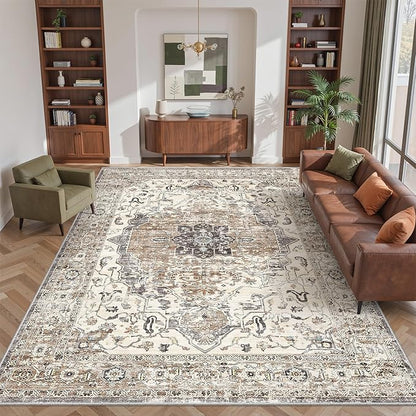 9x12 Area Rugs for Living Room,Ultra-Thin Washable Rug, Non-Slip Lightweight Foldable Area Rug, Stain Resistant Vintage Large Rugs(Brown/Grey,9'x12')