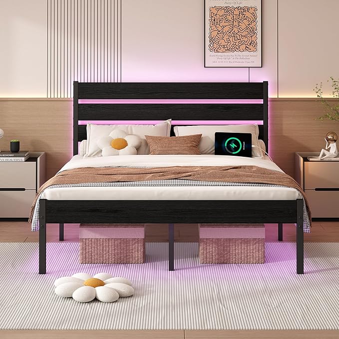 Full Size Bed Frame with Headboard,Heavy Duty LED Bed Frame with USB Charging Station,Mattress Foundation-Under Bed Storage, No Box Spring Needed, Noise Free，Black