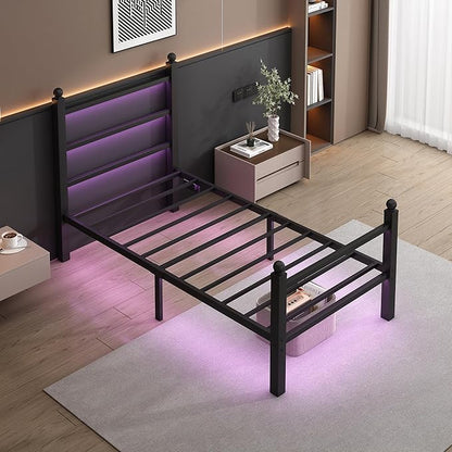 Twin Bed Frame with Headboard and Footboard,Steel Slats Support-LED Bed Frame with USB Charging Station,Mattress Foundation-Under Bed Storage,No Box Spring Needed,Noise Free,Black