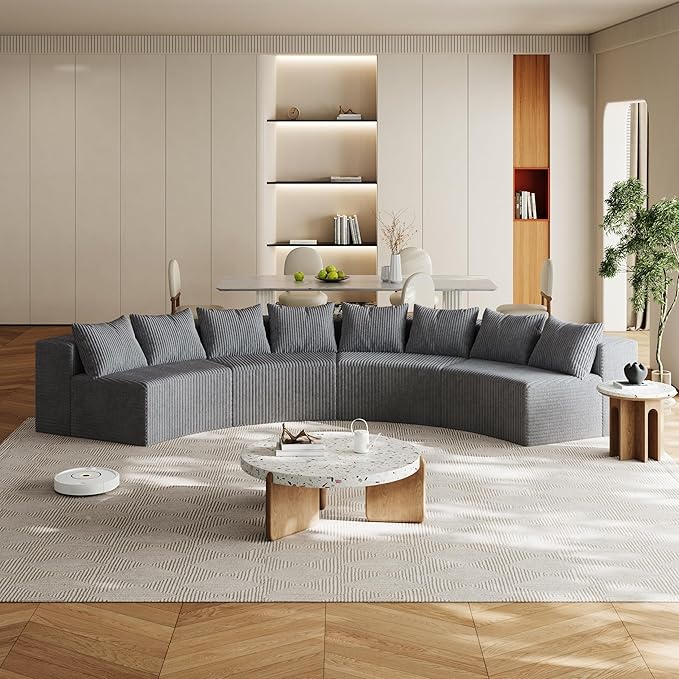 KEIKI Corduroy Curved Sectional Sofa, 4 Seater Symmetrical Modular Semi Circular Couch, Deep Seat Tufted Corner Sofa for Living Room, Lobby, Gray