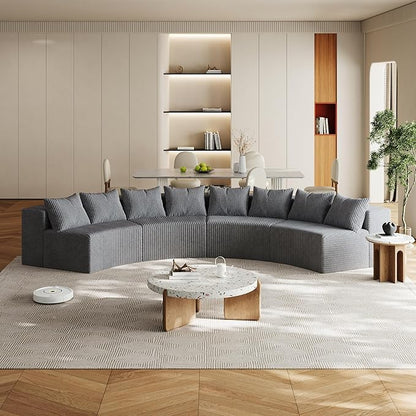 KEIKI Corduroy Curved Sectional Sofa, 4 Seater Symmetrical Modular Semi Circular Couch, Deep Seat Tufted Corner Sofa for Living Room, Lobby, Gray
