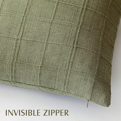 Foindtower Set of 2 Decorative Linen Check Throw Pillow Covers Neutral Farmhouse Vintage Cushion Covers Modern Boho Home Decor for Sofa Chair Couch Bedroom Living Room Outdoor,18×18 Inch,Sage Green