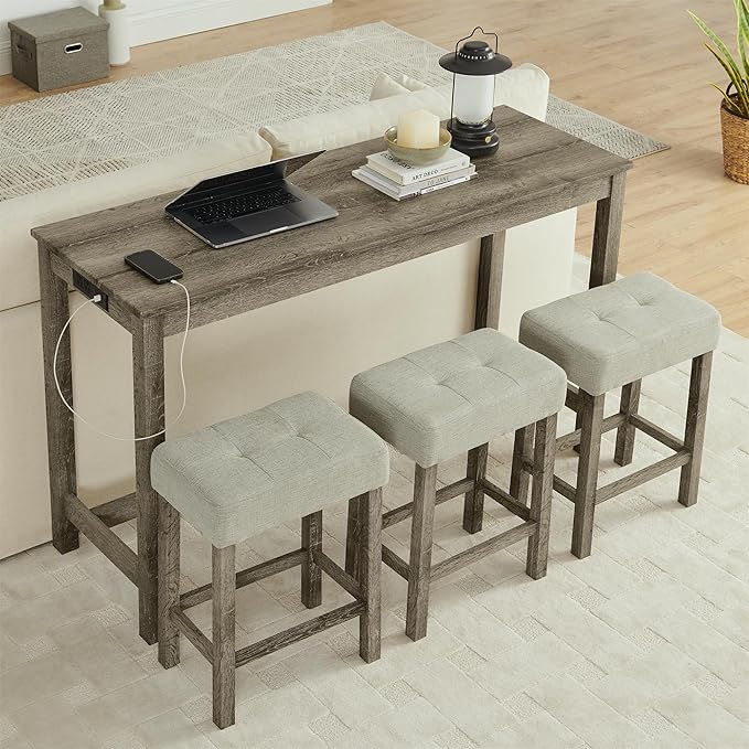 Ball & Cast 4 Piece Kitchen Dining Room Table and Chairs Set, Farmhouse Wooden Counter Height Bar-Sets w/USB Ports & Power Outlet & 3pcs Stools, 59" Sofa-Table Barstool w/Charging Station, Brown