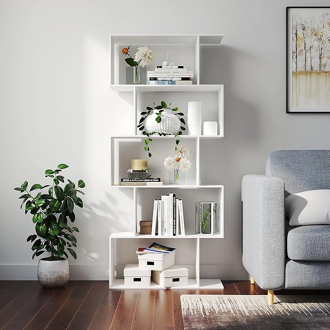 Yusong Bookshelf 5-Tier, Geometric Bookcase S Shaped Book Shelves for Bedroom, Modern Wood Decorative Display Shelf Book Case for Home Office, White