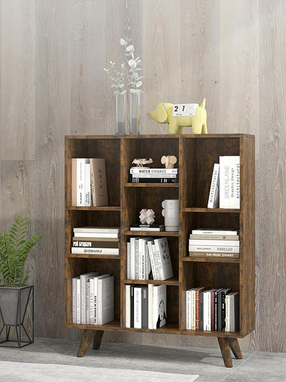 Manora Rustic Brown 10 Cube Mid Century Modern Bookshelf, Wooden Storage Organizer with Open Shelves, Retro Bookcase for Living Room, Bedroom, Home Office