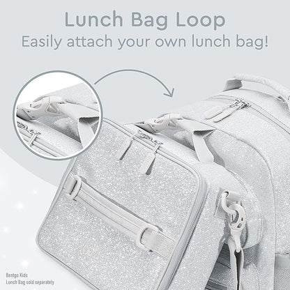 Bentgo Kids Glitter Backpack - Lightweight 14” Backpack for School, Travel & Daycare, Ideal for Ages 4+, Durable & Water-Resistant, Roomy Interior, & Loop for Lunch Bag (Glitter Edition - Silver)