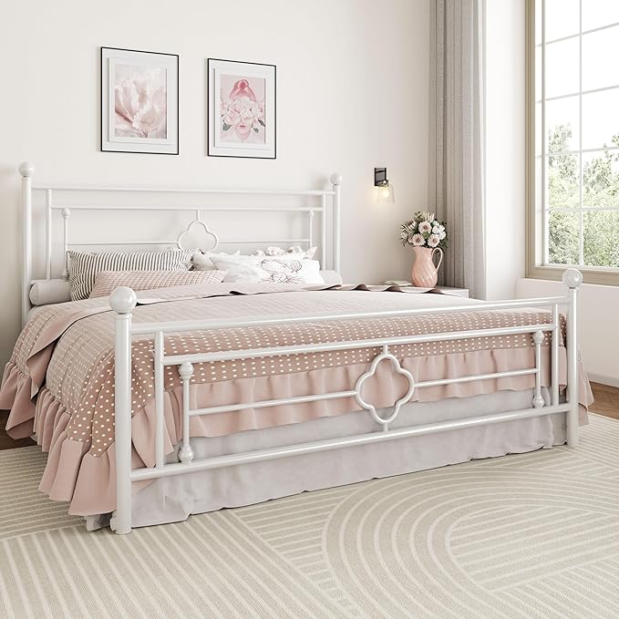 SHA CERLIN 14 Inches King Size Metal Platform Bed Frame/Vintage Iron-Art Headboard and Footboard/Mattress Foundation for Storage/No Box Spring Needed/Noise-Free/Easy Assembly/White