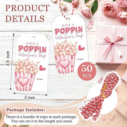 Have A Poppin Valentines Day Sticker Label, 50 Pcs Valentine Gift Tags with String, Gift Tag Paper Tags Labels Idea Valentines Activity School Classroom Party Favors-Pink