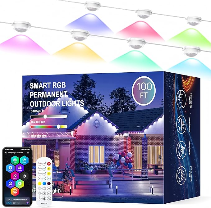JOH Permanent Outdoor Lights, 100FT RGB+IC Smart LED Outdoor Lights with App/Remote Control, DIY Scene Modes Lighting & IP67 Waterproof, Eaves Light for Christmas, Holiday, Daily Decorations