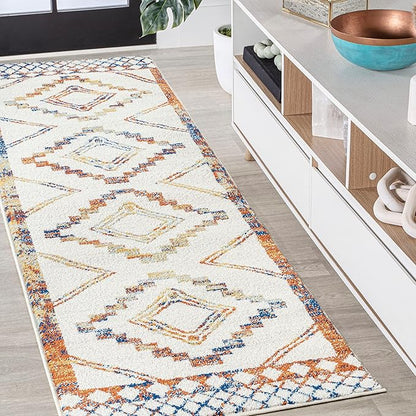 JONATHAN Y Amir Moroccan Beni Souk Ivory/Blue/Orange Runner Rug, 2x8, Bohemian, Scandinavian, Easy-Cleaning for Living Room, Bedroom, Kitchen, Pet Friendly, Non-Shedding (MOH200E-28)