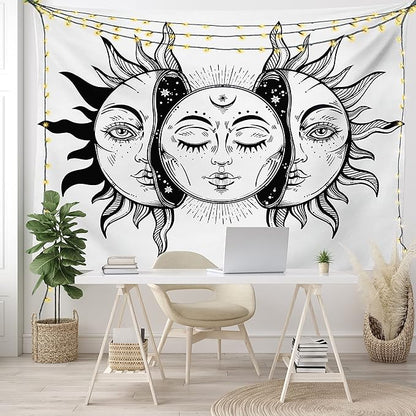 Ambesonne Moon Tapestry Queen Size, Monochrome Sun and Moon Pattern Oriental Image Culture Inspired Design Print, Wall Hanging Bedspread Bed Cover Wall Decor, 88" X 88", White Black