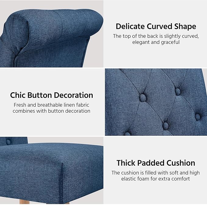 Yaheetech Dining Chairs Set of 2 Fabric Upholstered Dining Room Chairs with Button Tufted High Back and Solid Wood Legs for Kitchen/Living Room/Restaurant, Modern Style, Blue