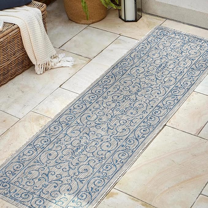 JONATHAN Y Vintage Filigree Indoor Outdoor Runner Rug 2X8 Gray/Navy, Charleston Textured Weave for Backyard, Patio, Porch, Easy-Cleaning, High Traffic, Pet-Friendly, Non-Shedding (SMB106C-28)