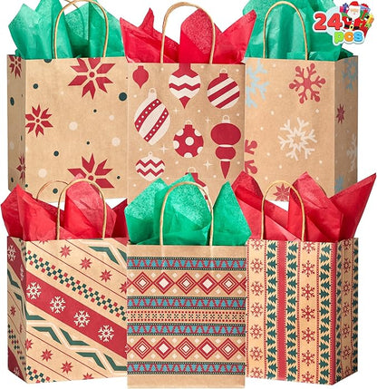 JOYIN 24 PCS Christmas Kraft Gift Bags for Present Wrapping, Holiday Paper Goody Gift Treat Candy Bags for Xmas Decor Supplies Classrooms Wedding and Party Favors (9" x 7.3" x 3.3")