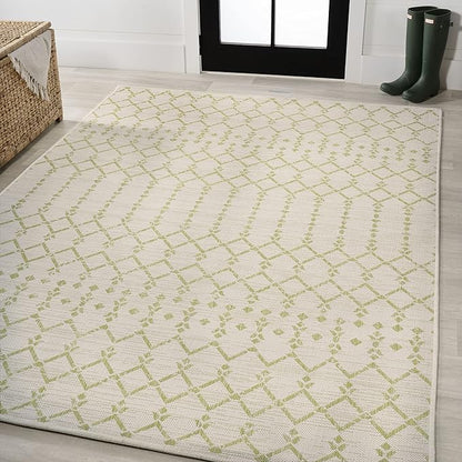 JONATHAN Y Moroccan Geometric Indoor Outdoor Area Rug 5X8 Cream/Green, Ourika Textured Weave for Backyard, Patio, Porch, Easy-Cleaning, High Traffic, Pet-Friendly, Non-Shedding (SMB108M-5)