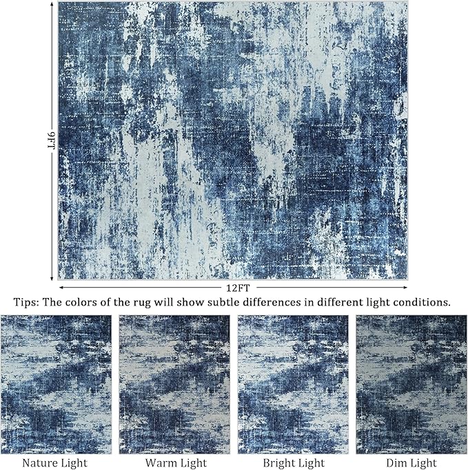 9x12 Area Rug Living Room Rugs - Washable Rug Large Modern Abstract Soft Thin Carpets Indoor Floor No Slip Vintage Carpet for Bedroom Under Dining Table Nursery Home Office Decor Deep Blue