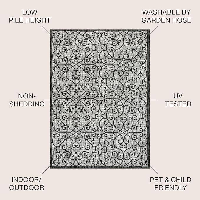 JONATHAN Y Vintage Filigree Indoor Outdoor Round Area Rug 5 Ft Light Gray/Black, Madrid Textured Weave for Backyard, Patio, Porch, Easy-Cleaning, High Traffic, Pet-Friendly, Non-Shedding SMB107E-5R