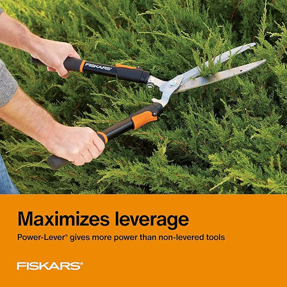 Fiskars Power-Lever Extendable Hedge Shears, Self-Sharpening Serrated Steel Blades for Clean Cuts, Handles Adjust 25"-33" for High Reach, Multiplies Leverage for 2x Power, 10" Blades, Orange/Black