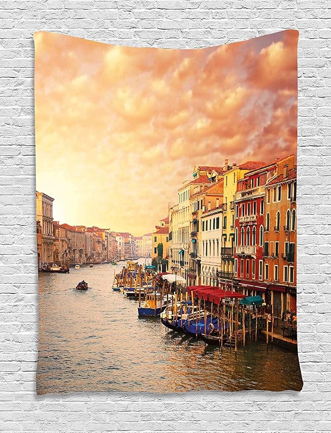 Ambesonne Scenery Tapestry, Venezia City Italian Landscape with Old Houses Gondollas and Spikes Image, Wall Hanging for Bedroom Living Room Dorm Decor, 60" X 80", Orange Yellow