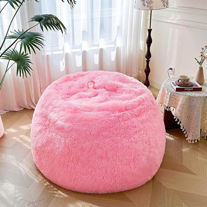 MEGO 5FT Fluffy Faux Fur Giant Bean Bag Chair Cover (No Filler), Soft Comfy Stuffed Animal Storage Cover for Adults Kids, Lazy Sofa Bed Beanbag Cover for Living Room Bedroom Decor, Anti-Slip, Pink