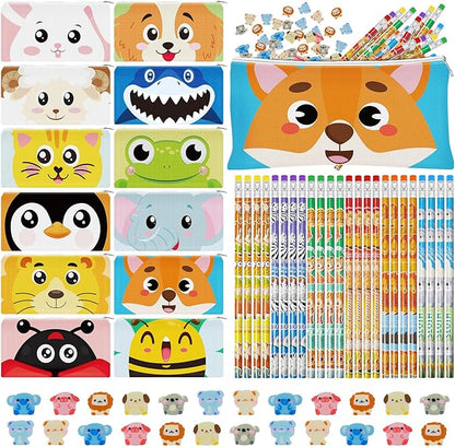 Cinrobiye 48 Pcs Animal Gift Set Pencil Case Pouches Fun Animal Pencils Erasers Party Supplies Stocking Stuffers Goody Bag Fillers Teacher Rewards Prizes Exchange Gifts
