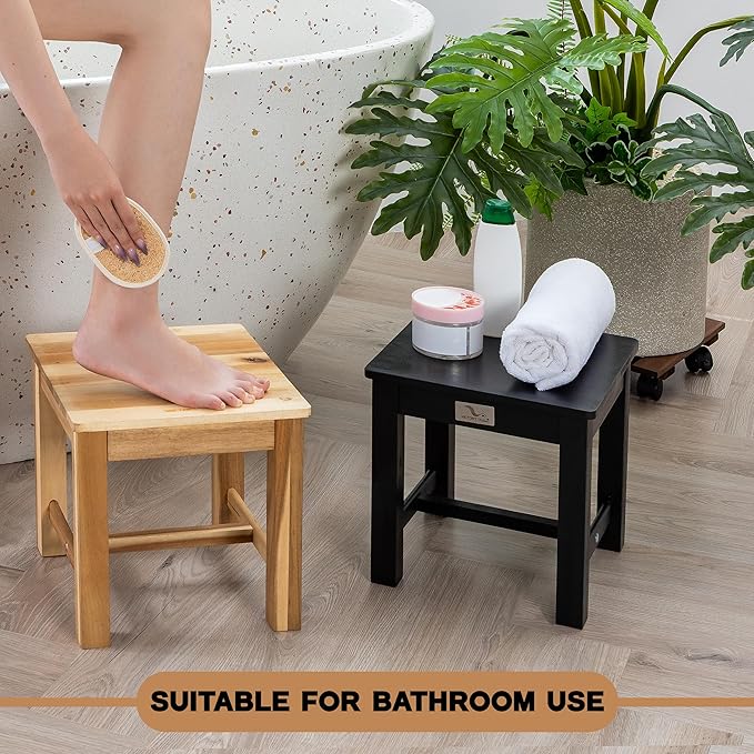 12 Inch Wooden Step Stool, Small Nature Beach Chair Under Desk, Indoor Acacia Wood Short Footstool for Living Room, Kitchen, Bathroom