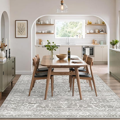 5x7 Area Rugs for Living Room, Washable Vintage Floral Non-Slip Low Pile Natural Rug Soft Throw Carpet for Dining Room Bedroom Home Office Nursery (Grey, 5'x7')