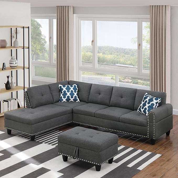Ball & Cast 98" L Shaped Modular Sectional Couch for Living Room with Chaise & Storage Ottoman,4 Seat Linen Upholstered Sectional Sofa Set 3 PCS W/Cup Holders & Coffee Table,for Home,Office,Dark Gray
