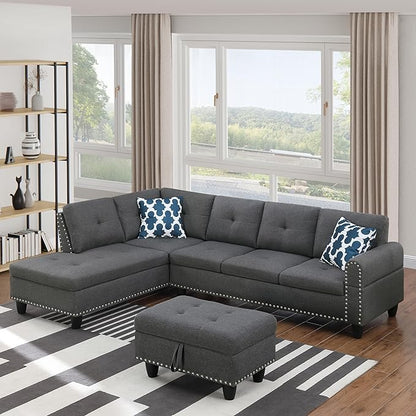 Ball & Cast 98" L Shaped Modular Sectional Couch for Living Room with Chaise & Storage Ottoman,4 Seat Linen Upholstered Sectional Sofa Set 3 PCS W/Cup Holders & Coffee Table,for Home,Office,Dark Gray