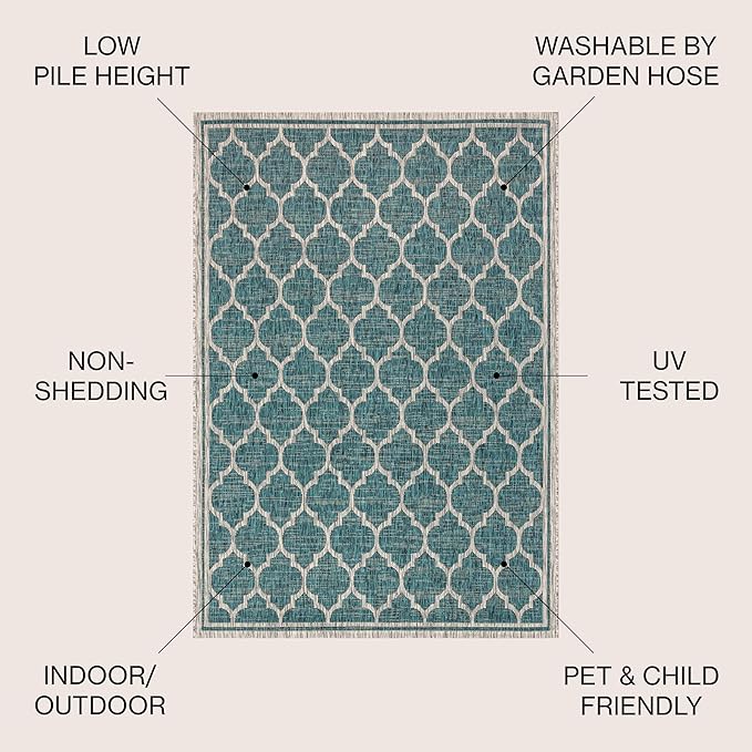 JONATHAN Y Moroccan Trellis Indoor Outdoor Area Rug 4X6 Teal/Gray, Trebol Textured Weave for Backyard, Patio, Porch, Easy-Cleaning, High Traffic, Pet-Friendly, Non-Shedding (SMB109E-4)