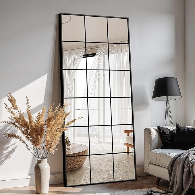 Large Window Pane Full Length Mirror for Wall, 70"x30" Oversize Black Full Body Wall Mirror for Living Room, Bedroom, Entryway, Hanging or Leaning