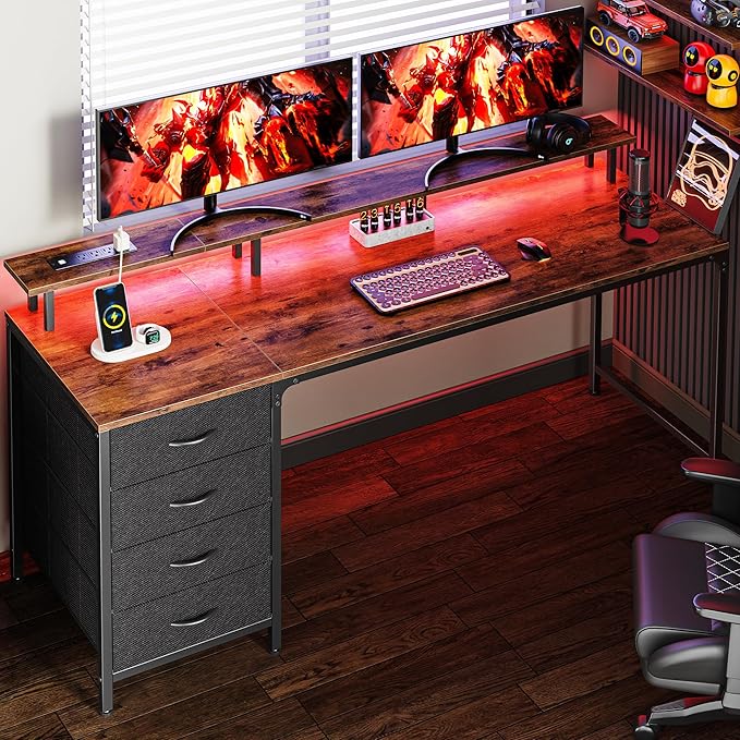 Huuger 63 Inch Rustic Brown Gaming & Office Computer Desk with 4 Drawers, Monitor Stand, LED Lights & Power Outlets