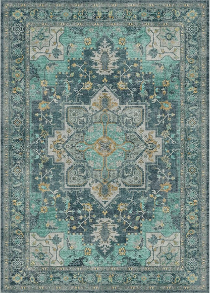 GENIMO 3x5 Area Rugs for Living Room, Machine Washable Non Slip Vintage Rugs, Low Pile Lightweight Chenille Print Rug for Bedroom, Dining Room, Home Office, Dark Green