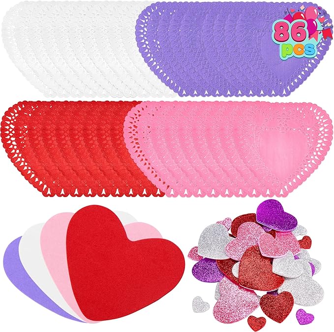 JOYIN 86 Pcs Valentines Day Heart Doilies Craft Gift Set with 50 Pcs Paper Doilies, 12 Foam Craft and 1 Bags of Glitter Foam Heart Stickers for Valentine's Day Party Tableware Decoration