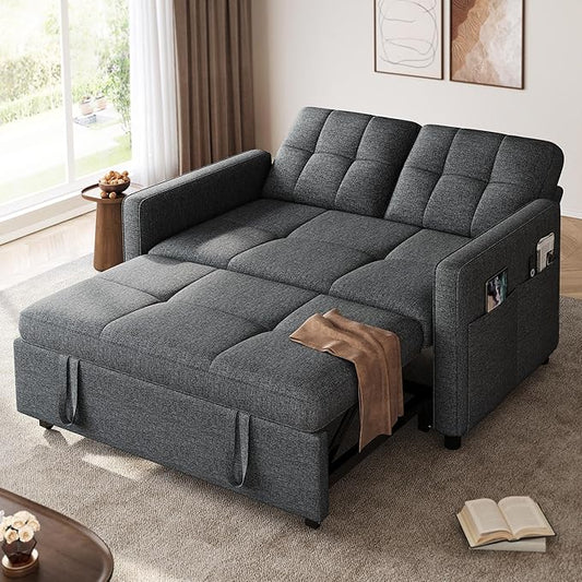 DWVO 55" Convertible Sofa Bed, 3-in-1 Sleeper Sofa with Pull-Out Bed, Linen Futon Couch with Adjustable Backrest and Side Pocket, Modern Loveseat for Living Room Apartment, Grey