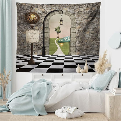 Ambesonne Alice in Wonderland Tapestry, Welcome Wonderland Black and White Floor Landscape Mushroom Lantern, Wide Wall Hanging for Bedroom Living Room Dorm, 80" X 60", Stone Black