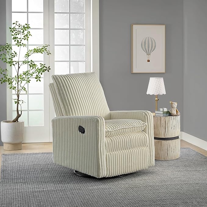 Oxford Baby Uptown Upholstered Swivel Glider and Recliner Nursery Chair - Corduroy, Pearl White
