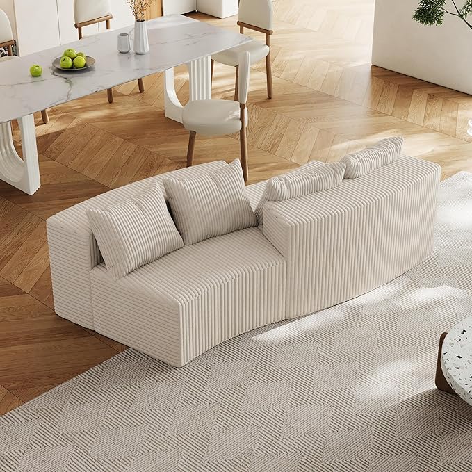 KEIKI Corduroy Curved Sectional Sofa, 2 Seater Symmetrical Modular Semi Circular Couch, Deep Seat Tufted Corner Sofa for Living Room, Lobby, Beige