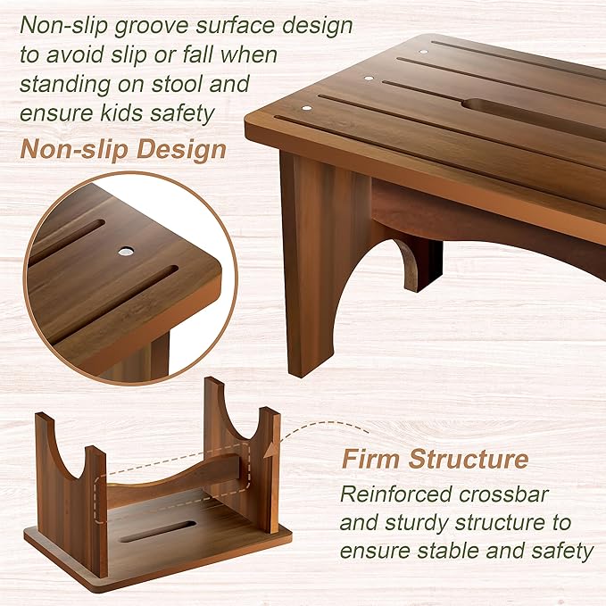Wooden Step Stool for Adults, 9" Portable Wood Step Stool for Kids, Heavy Duty One Step Bedside Stool with 550 Lbs Load Capacity, Non-Slip White Foot Stool for Kitchen Bathroom Bedroom