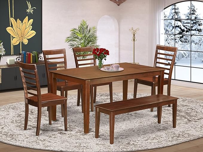 East West Furniture CAML6C-MAH-W 6 Piece Modern Dining Table Set Contains a Rectangle Wooden Table and 4 Wooden Chairs with a Bench, 36x60 Inch, Mahogany