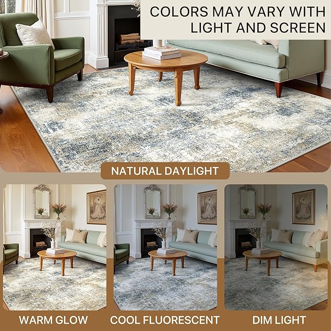 Area Rugs 9x12 for Living Room Bedroom, Modern Abstract Machine Washable Rug, Large Soft Low Pile Floor Carpet with Non Slip Backing for Dining Room, Blue Mist