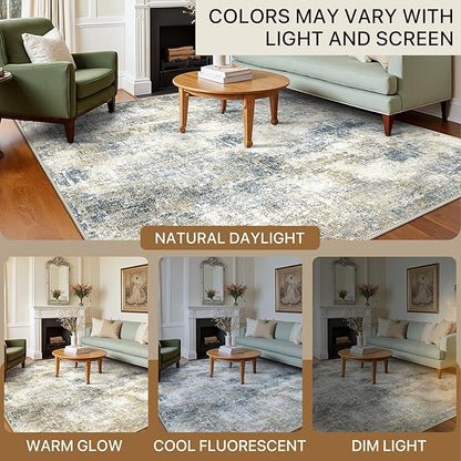Area Rugs 9x12 for Living Room Bedroom, Modern Abstract Machine Washable Rug, Large Soft Low Pile Floor Carpet with Non Slip Backing for Dining Room, Blue Mist